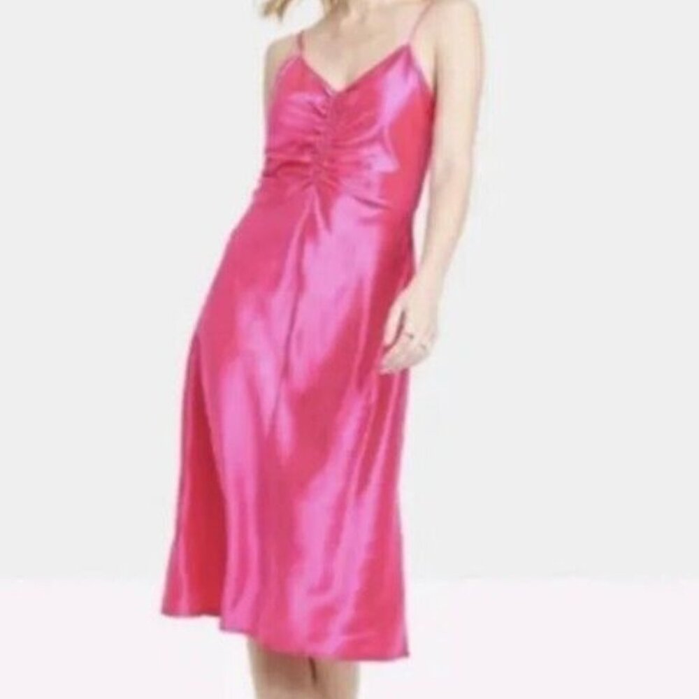 Women's XL Pink Satin Slip Dress | Spaghetti Straps | Ruched Front | NWT